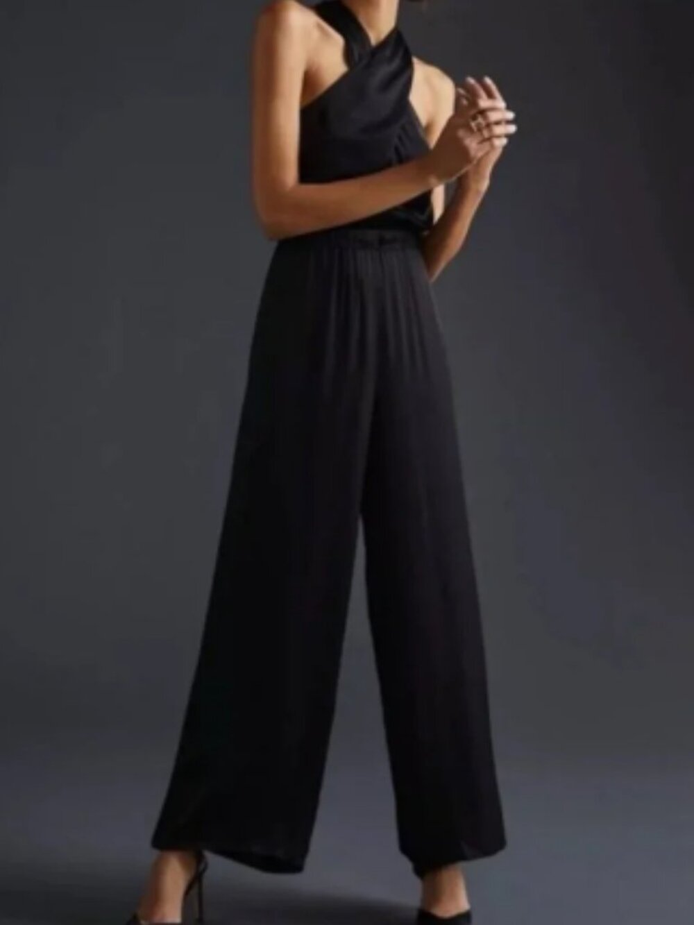 NWT Anthropologie Black Dolan Left Coast Satin Halter Jumpsuit Sz XL MSRP $ 160